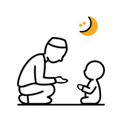 stick Father outline showing son the Eid moon,vector illustration,white BG,icon type