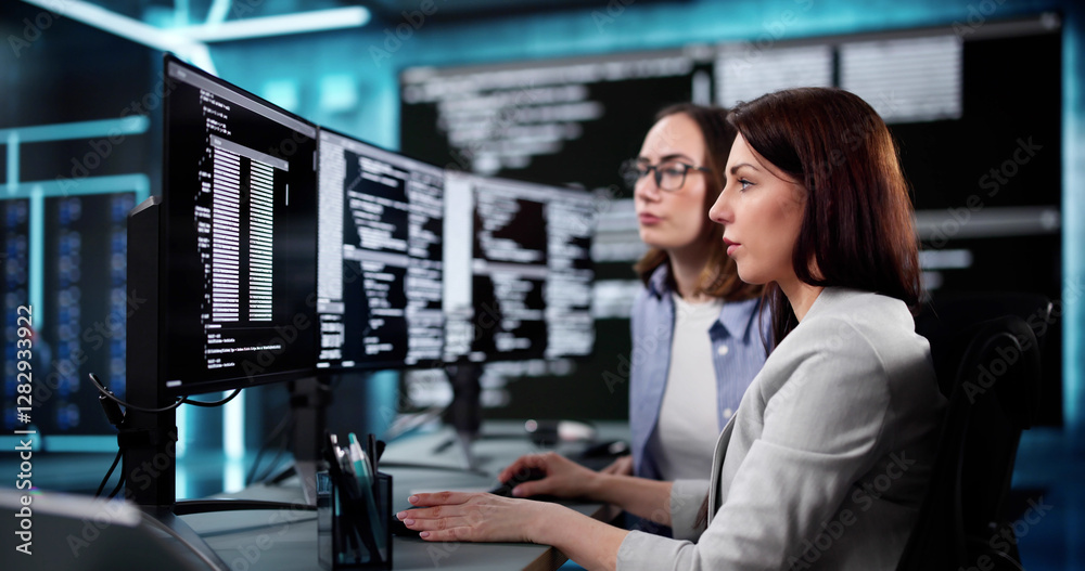 Poster portrait of a young woman programmer typing code