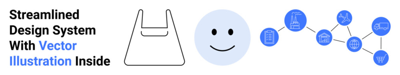 Fototapeta premium happy face beside shopping bag outline, icons linked in a network. Ideal for e-commerce, retail systems, customer feedback, tech integration, digital solutions, communication, flat landing page