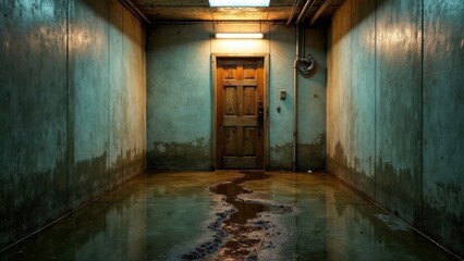 Moody subterranean passageway with a wooden door, water damage on the floor and walls, dimly lit by overhead fluorescent light