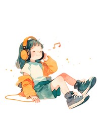 Fototapeta premium Cute little girl listening to a song on headset, Generative AI