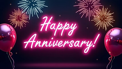Anniversary Celebration Digital Art – Neon Pink Cursive Glow Text with Shiny Metallic Balloons & Fireworks – High-Resolution Festive Background for Events & Designs