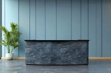 A modern reception desk with a black stone texture, flanked by two blue wall panels and one grey panel on the right side of an office room, captured in a front view modern living room