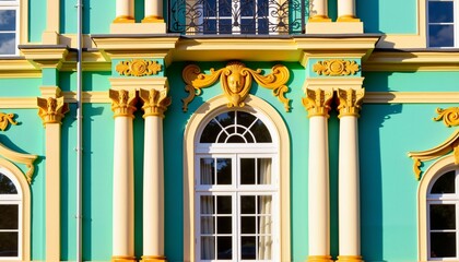 Majestic turquoise palace facade with golden columns, architectural beauty