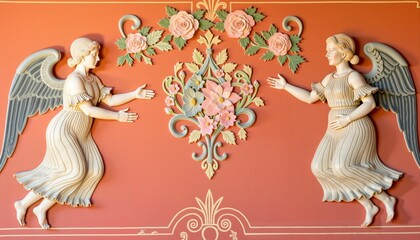 Renaissance angels in rich Living Coral fresco, timeless beauty