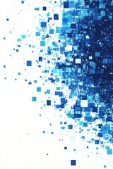Abstract blue digital pattern with varying square shapes dispersing from the left side, creating a modern artistic effect