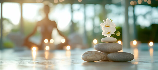 Obraz premium Serene yoga session near window, candles and orchid on stones, peaceful background for meditation and relaxation