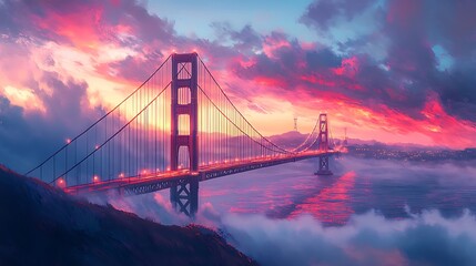 Fototapeta premium Golden Gate Bridge in anime style, glowing softly under morning fog, sunlight peeking through to reveal vibrant red tones, gentle water reflections and misty textures enhancing the dreamlike quality.