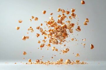 Hazelnuts shattering into many pieces in midair