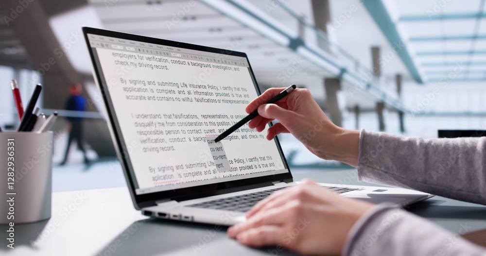 Poster young woman proofreads script on laptop, corrects errors