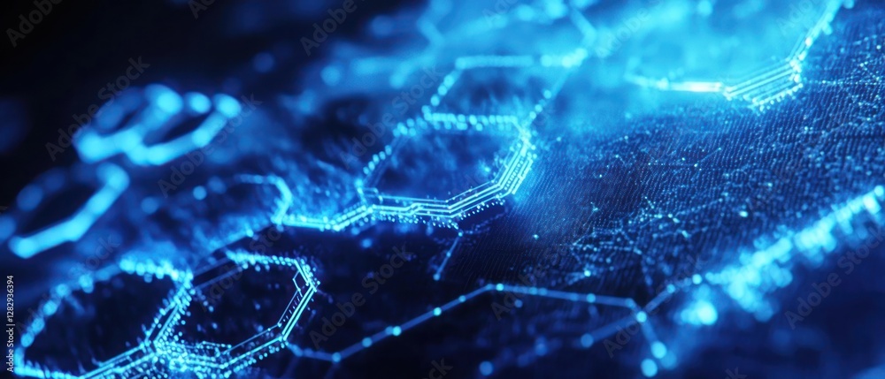 Poster abstract digital representation of interconnected hexagons and data flow