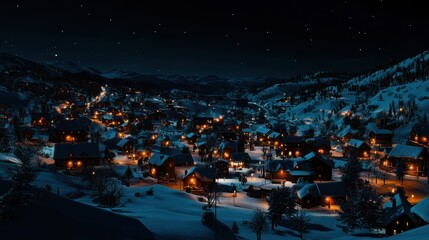 Fototapeta premium Snowy Mountain Village Illuminated At Night