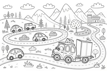 Fototapeta premium Outline for coloring, A whimsical black-and-white illustration of vehicles on a winding road through hills and trees.