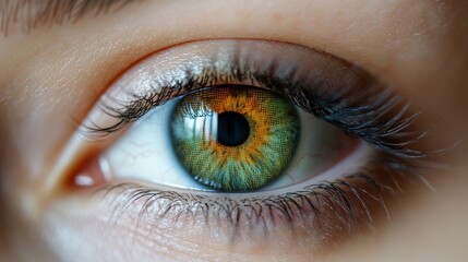 Close-up view of a human eye showcasing vibrant green and brown colors with intricate details in the iris