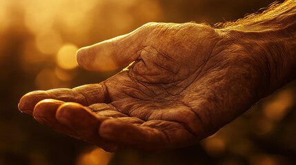 Fototapeta premium A hyper-realistic close-up photograph of a weathered yet compassionate hand, gently open in an inviting gesture