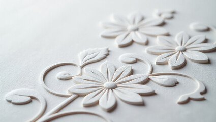 A close-up of white paper with a delicate, floral embossed pattern, creating an elegant and tactile texture.