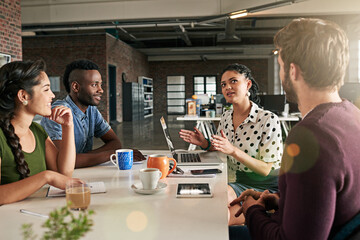 Meeting, creative and group of people in office planning editorial publication for magazine....