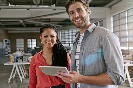 Designers, tablet or people in small business for portrait, skill development or collaboration. Research, startup or creative strategist brainstorming in meeting for project, discussion or planning