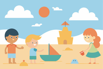 coloring page outline Beach, sand games. Yacht at sea. Children play on the beach, sand castle illustration 