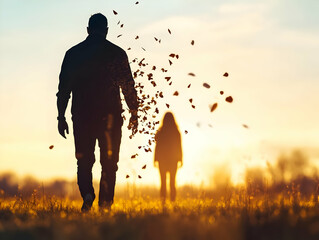 Silhouette of a man walking away from a woman at sunset in a field, signifying separation or loss, suitable for relationship articles or emotional themes