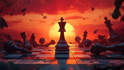 King Stands Alone: Chessboard Battle at Sunset, Dramatic Victory, Fallen Pieces, Strategic Game, Intense Competition, Final Checkmate, Epic Showdown, Fiery Sky, Last Piece Standing, Challenging Game