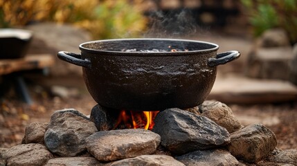 Cooking over an open fire in cast iron pot surrounded by stones in a natural outdoor setting