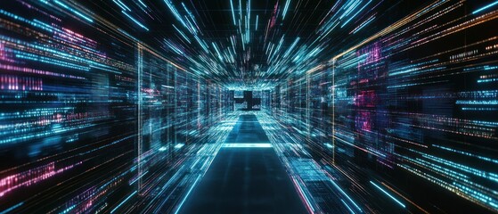 Fototapeta premium Futuristic digital corridor with vibrant data streams and glowing lines
