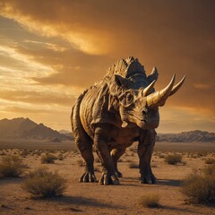 Fototapeta premium A colossal Triceratops standing in an open desert with a golden sky.