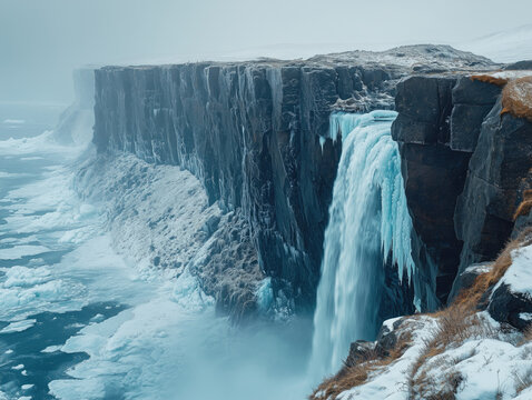 Majestic frozen waterfall cascading over rocky cliffs in a winter landscape