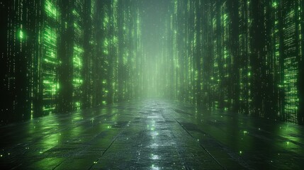 Obraz premium Digital Matrix Corridor: A Glowing Green Pathway into the Digital Realm