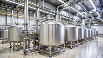 A large storage tank with pipes and valves at a milk factory