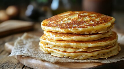 Delicious stack of homemade pancakes served on a rustic wooden board in a cozy kitchen setting