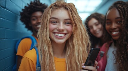 happy multiracial high school students interacting in a school hallway holding phones and embracing technology communication and friendship in education