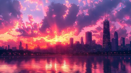 Fototapeta premium An anime-inspired scene of Chicago at sunset, the skyline bathed in soft evening light, brilliant reflections shimmering on Lake Michigan, dramatic sky gradients in pink, orange, and purple hues.
