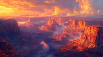 Fototapeta premium An anime-style depiction of the Grand Canyon at dawn, intricate cliff textures glowing under the first light, vibrant sky blending warm oranges and cool blues, soft mist adding depth and serenity.