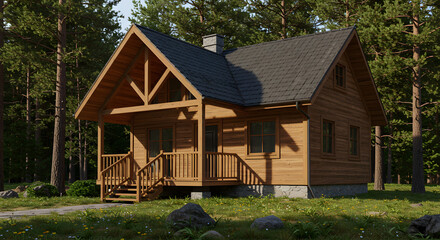 Fototapeta premium Charming Wooden Cabin Nestled in a Peaceful Forest