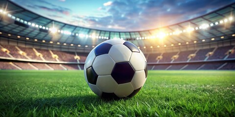 Obraz premium Soccer ball sits alone on a lush green field with blurred stadium structures in the background, stadium