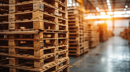 Stacked wooden euro pallets inside an empty warehouse, symbolizing efficiency, organization, and logistics. Close-up of pallets with high stacks in the background, representing industrial storage