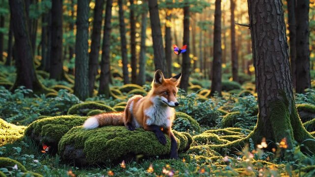 Fox's Forest Serenity: A magnificent fox rests gracefully atop a mossy rock in a sun-dappled forest, a butterfly flitting nearby, capturing the quiet magic of nature's tranquility.