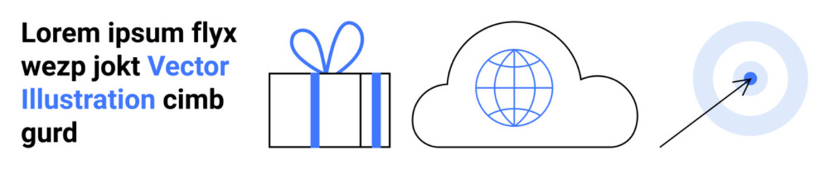 Gift box, cloud with a globe, bullseye target with arrow. Ideal for business, marketing, e-commerce, global connectivity, data storage goals success and targeting strategies. Landing page