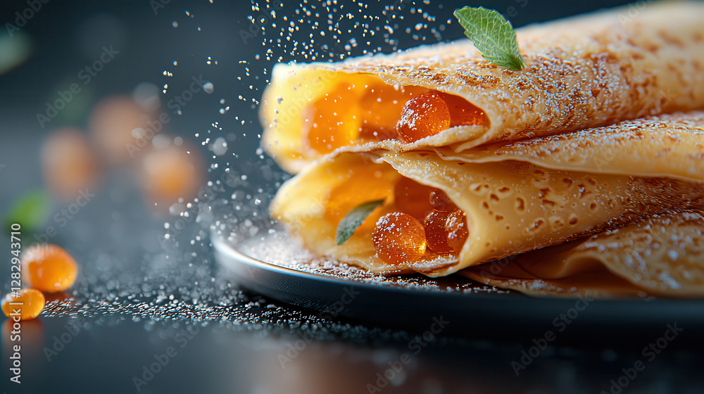 Aufkleber delicate crepes filled with vibrant orange spheres, dusted with powdered sugar, create futuristic cu