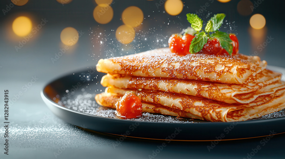 Poster golden crepes stacked on plate, garnished with fresh mint and berries, dusted with powdered sugar, c