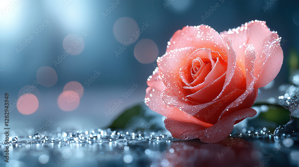 Poster delicate pink rose with dewdrops rests on reflective surface, surrounded by dreamy bokeh background,