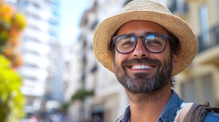 cheerful traveler exploring the city with a confident smile enjoying an urban vacation filled with adventure relaxation and exciting new experiences