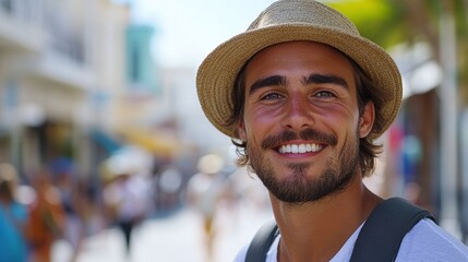 cheerful traveler exploring the city with a confident smile enjoying an urban vacation filled with adventure relaxation and exciting new experiences