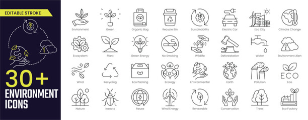 Environment Stroke icon collections. Containing recycling, plant, nature, eco, earth, green energy, trees, ecology and more icons. Editable Stroke icon collection Outline icon