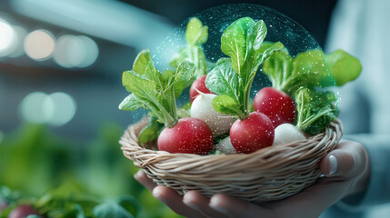 futuristic hologram display showcases organic radishes in woven basket, highlighting innovation in agriculture