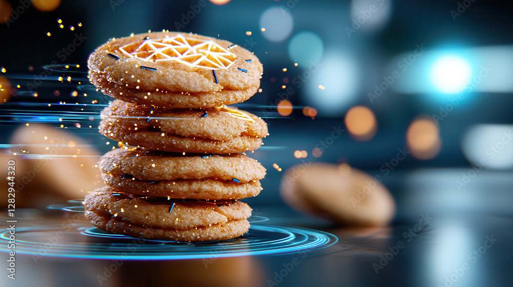 Aufkleber futuristic hologram pastries with golden cookies embedded with intricate designs, glowing in digital
