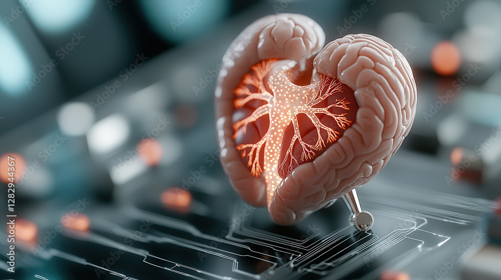 Aufkleber futuristic kidney hologram with glowing neural nodes is displayed on circuit board, symbolizing adva