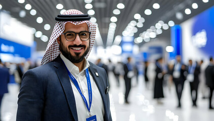 Smiling businessman in traditional attire at a bustling trade show, networking and connecting with colleagues. Ideal for business, finance, and international trade contexts